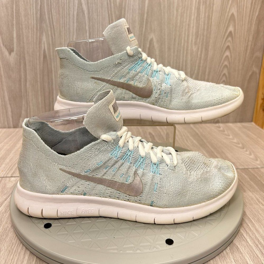 Nike Womens Free Run Flyknit 2017 Platinum Glacier Blue Knit Sneaker Shoe Sz 8.5